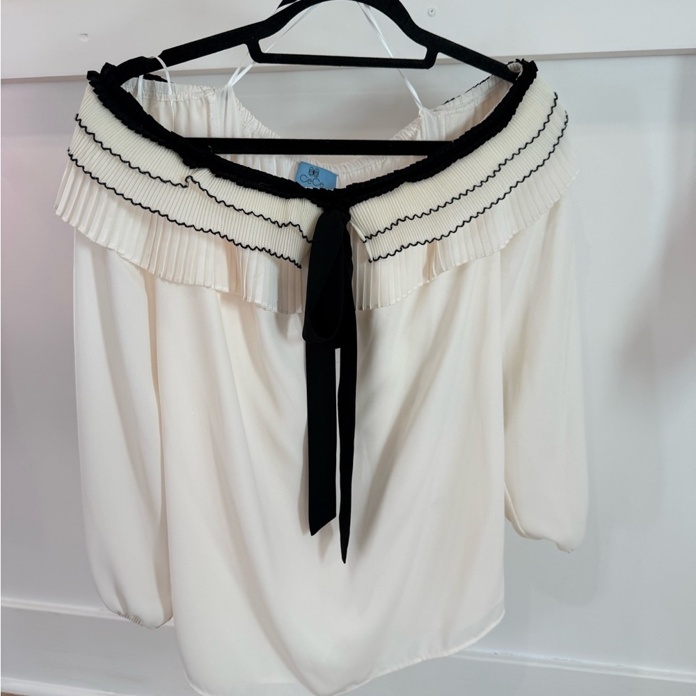 CeCe Tie Neck Ruffled Blouse Women's S- white and black long sleeve
